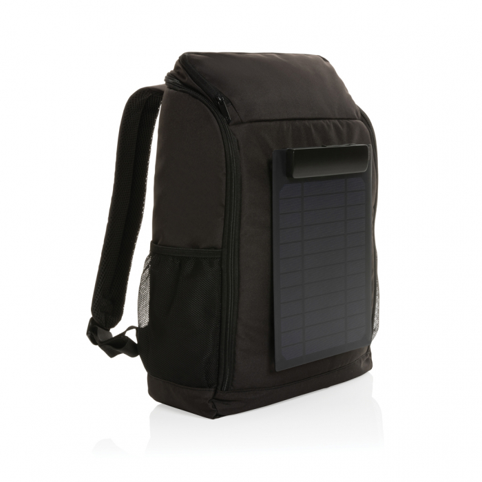 Mochila de lujo Pedro AWARE™ RPET con panel solar de 5W. Mochilas para portátiles con paneles solares promocionales personalizadas. Regalos de empresa y corporativos personalizados.