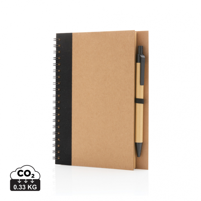 Cuaderno de espiral kraft con bolígrafo. Cuadernos con bolígrafo ecológicos promocionales personalizados. Regalos de empresa y corporativos personalizados.