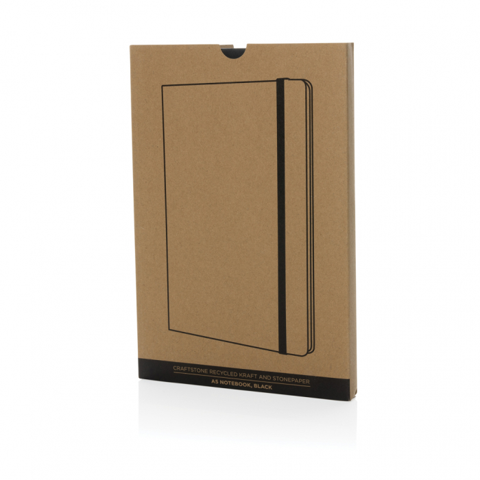 Cuaderno A5 de papel kraft y piedra reciclado Craftstone. Blocs de notas con goma promocionales personalizados. Regalos de empresa y corporativos personalizados.