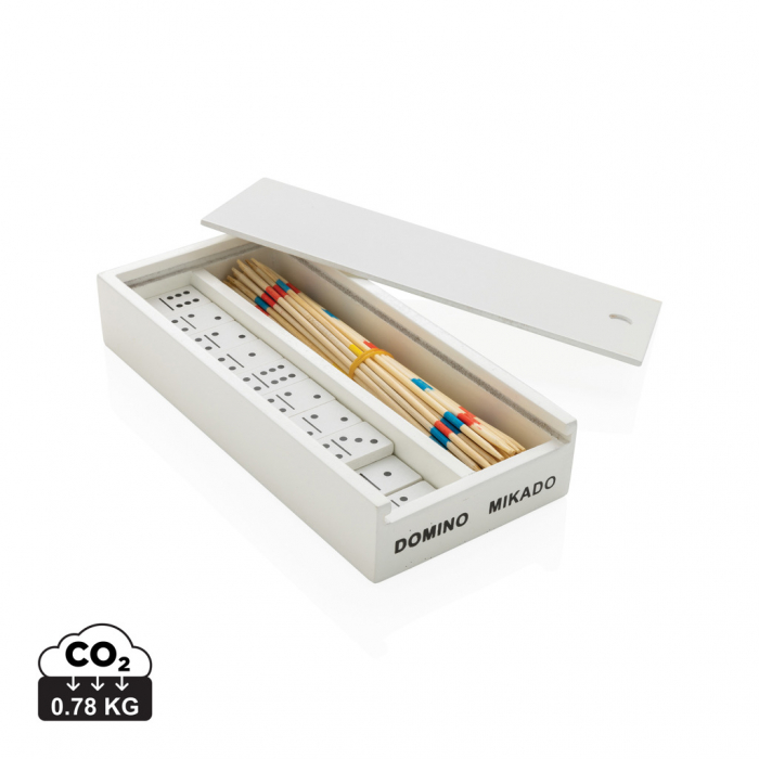Mikado/domino Deluxe en caja de madera. Cajas con mikado y dominó promocionales personalizadas. Regalos de empresa y corporativos personalizados.
