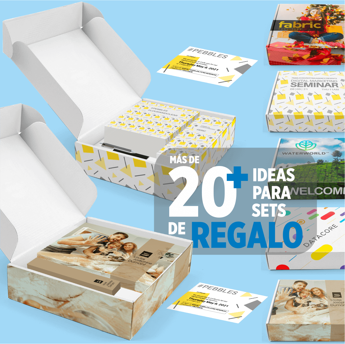 Welcome pack, con todos los regalos que quieras incluir todo ello personalizado: caja personalizada artículos personalizados y tarjeta personalizada.