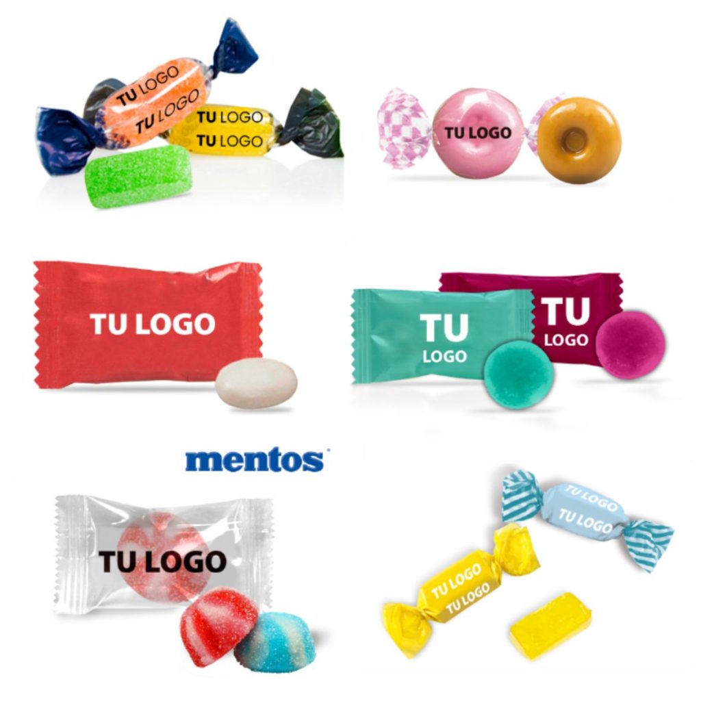 Caramelos, piruletas, gominolas y bombones en diferentes formatos para personalizar con tu marca.