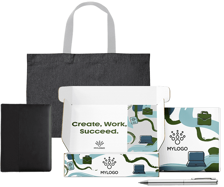 Welcome pack corporativo para empleados con bolsa tote reutilizable, libreta negra y bolígrafo en caja postal personalizable